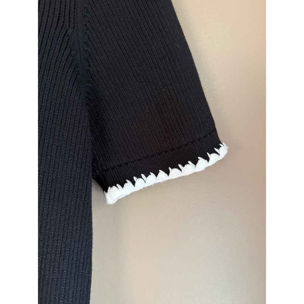 Caroline Constas Black Ribbed Knit Polo Top‎ White Ric Rac Trim Short Sleeve S - Picture 4 of 6